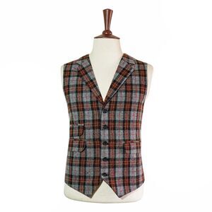 Mens 46R Gray Red Orange Plaid Wool Vest Waistcoat Wedding Party Formal Casual
